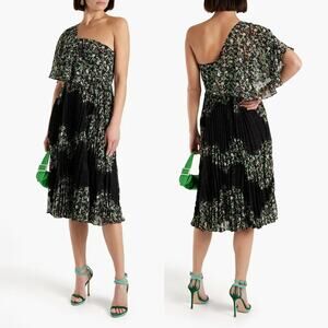 Mikael Aghal One Shoulder Floral Print Fil Coup Lace Midi Dress Pleated SZ 6